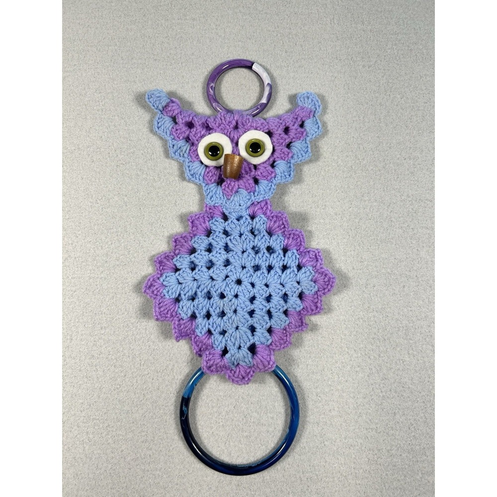 Crochet Owl Hand Towel Holder with Real looking Eyes Purple Blue MCM